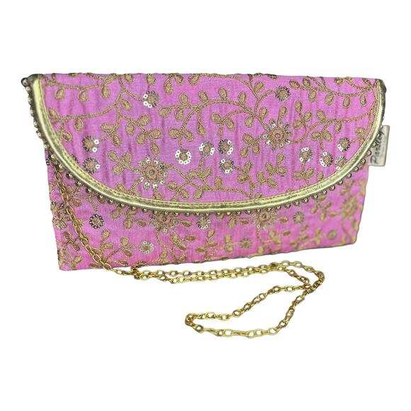 Parsley Clutch Purse Crossbody Pink & Gold Chain Crossbody Handbag Sequins 10.5" - Picture 4 of 4